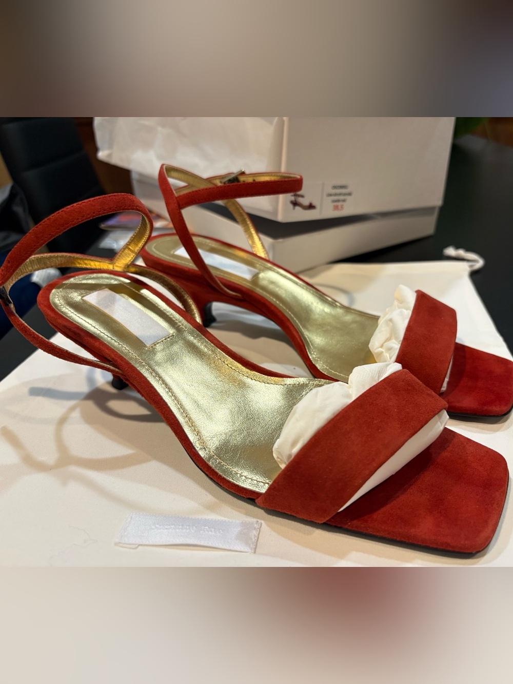 Suzanne Rae
Red Suede Open-Toe Slingback Heels